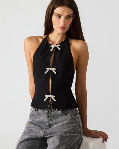 JUVIA Black Sleeveless Bow Detail Halter Women's Top | Steve Madden