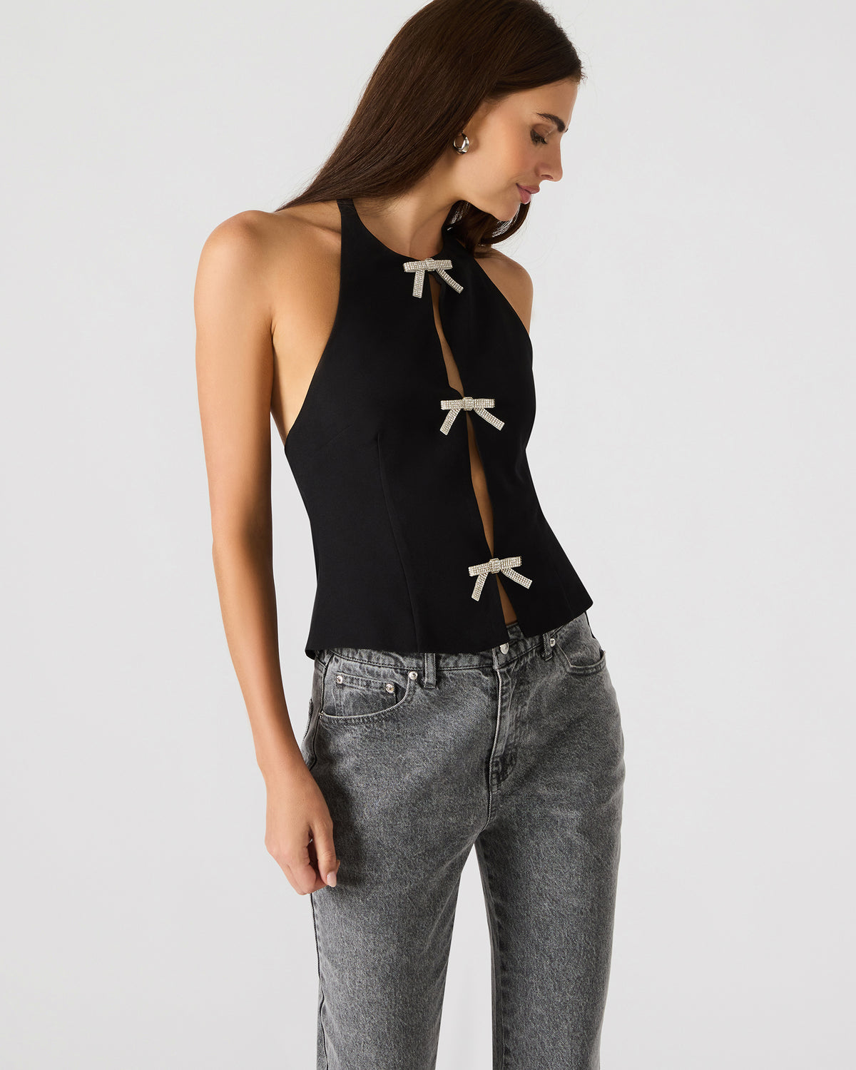 JUVIA Black Sleeveless Bow Detail Halter Women's Top | Steve Madden