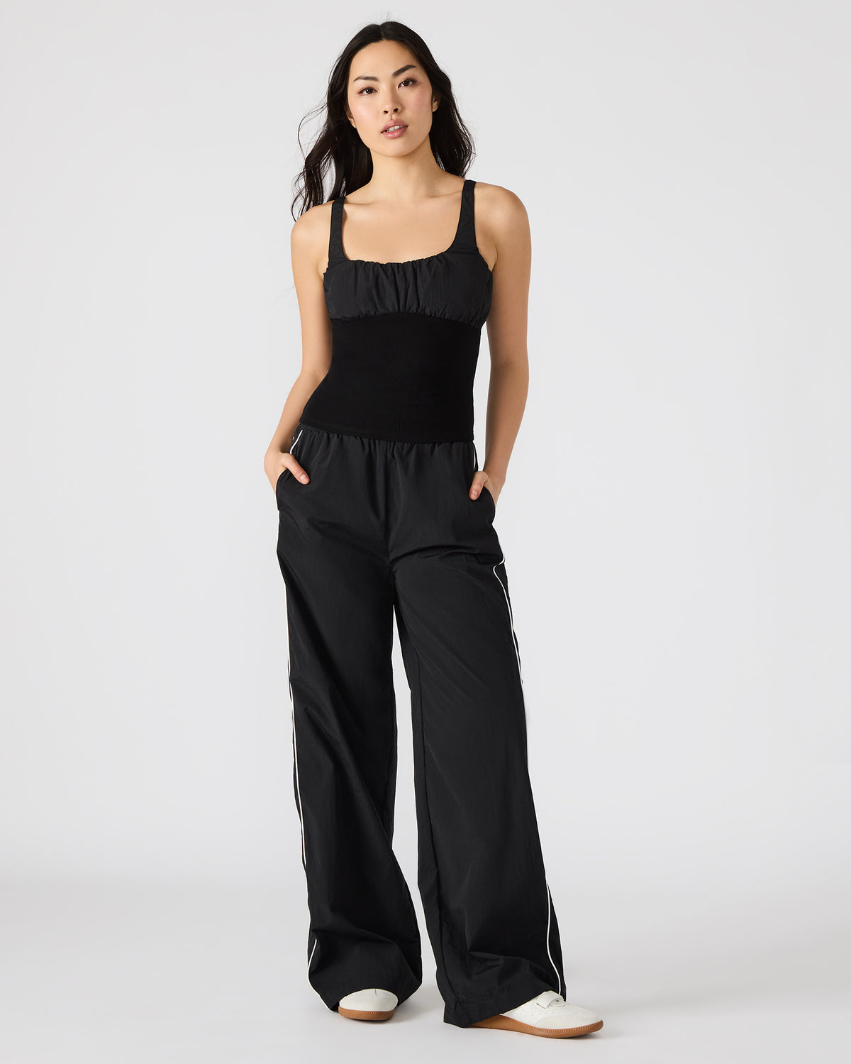 LUANA Black Pull-Over Ruched Tank Top | Steve Madden