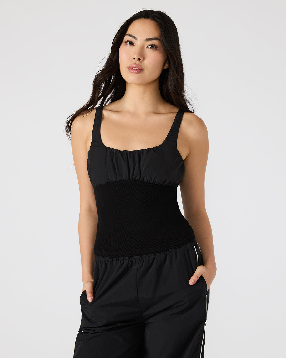 LUANA Black Pull-Over Ruched Tank Top | Steve Madden