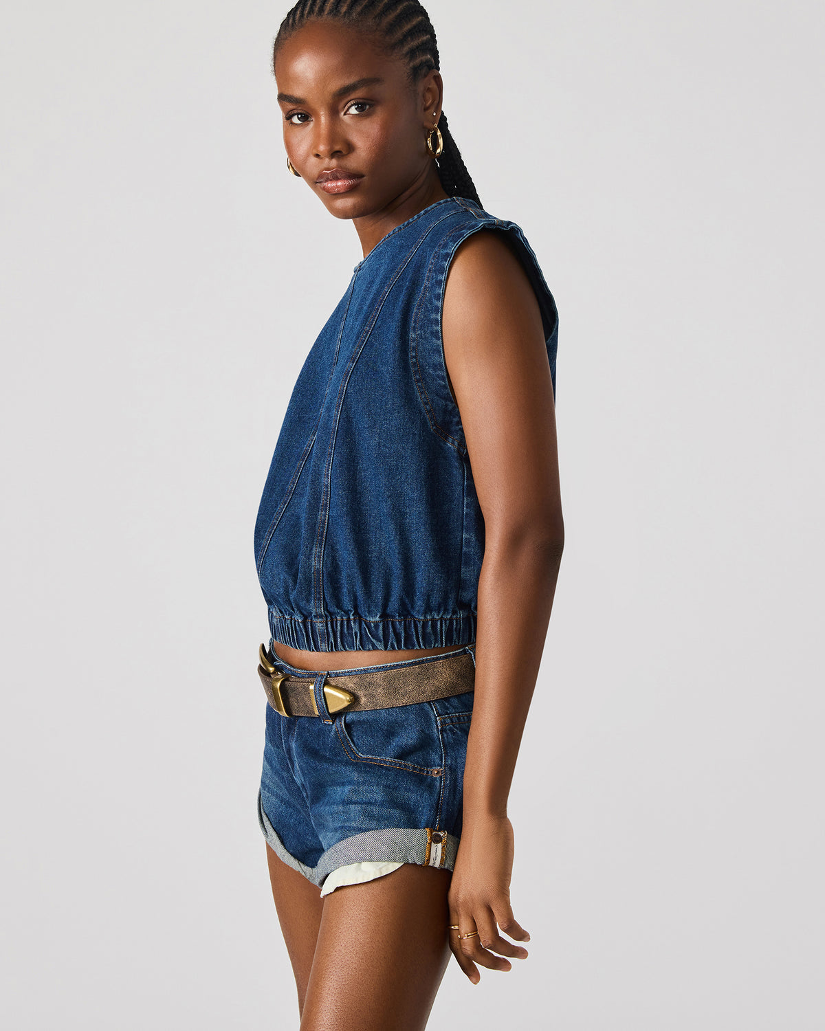 LEILA Denim Dark Blue Sleeveless Zipper Detail Women's Top | Steve Madden