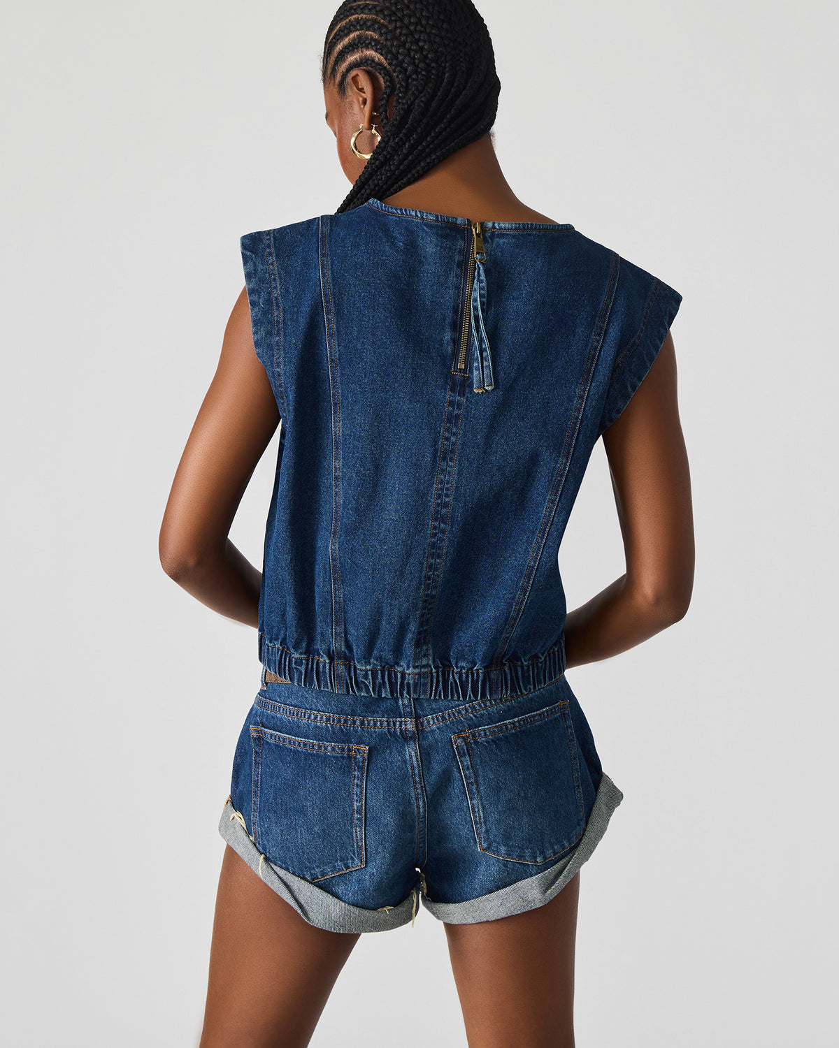 LEILA Denim Dark Blue Sleeveless Zipper Detail Women's Top | Steve Madden