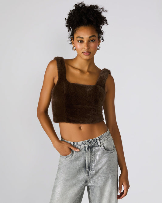 HANNIA Faux Fur Dark Espresso Cropped Women's Top | Steve Madden