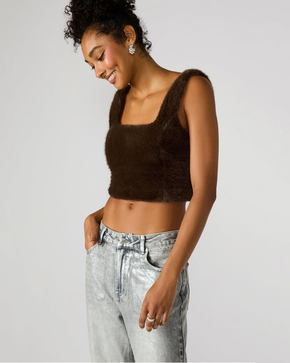 HANNIA Faux Fur Dark Espresso Cropped Women's Top | Steve Madden