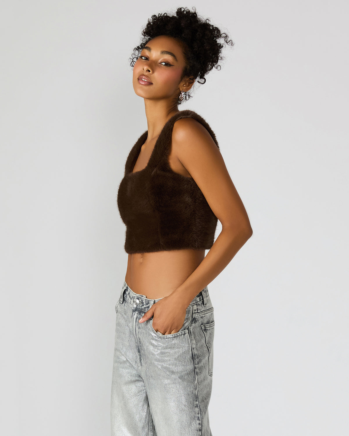 HANNIA Faux Fur Dark Espresso Cropped Women's Top | Steve Madden