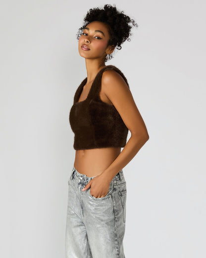 HANNIA Faux Fur Dark Espresso Cropped Women's Top | Steve Madden