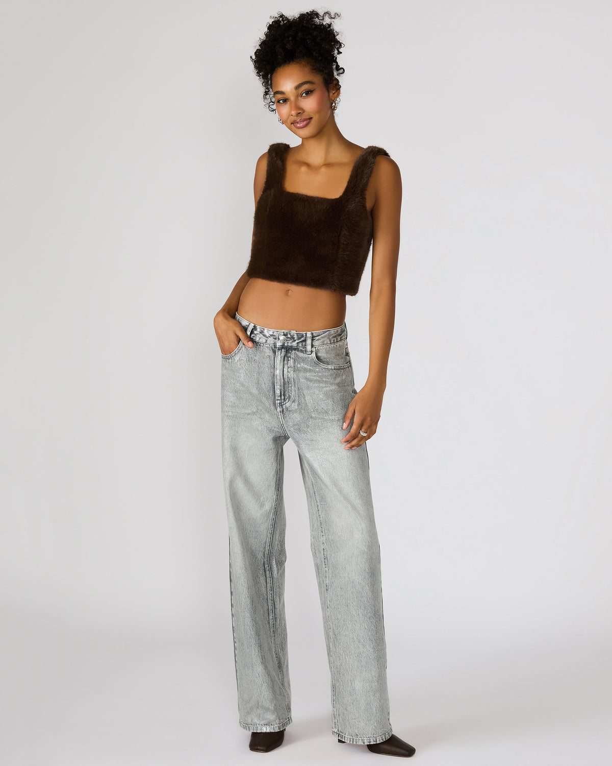 HANNIA Faux Fur Dark Espresso Cropped Women's Top | Steve Madden
