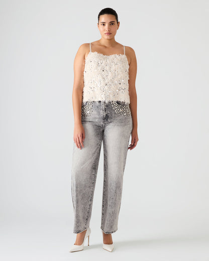 BLAKELYN Ivory Feather Sequin Embellished Women's Top | Steve Madden