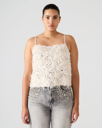 BLAKELYN Ivory Feather Sequin Embellished Women's Top | Steve Madden