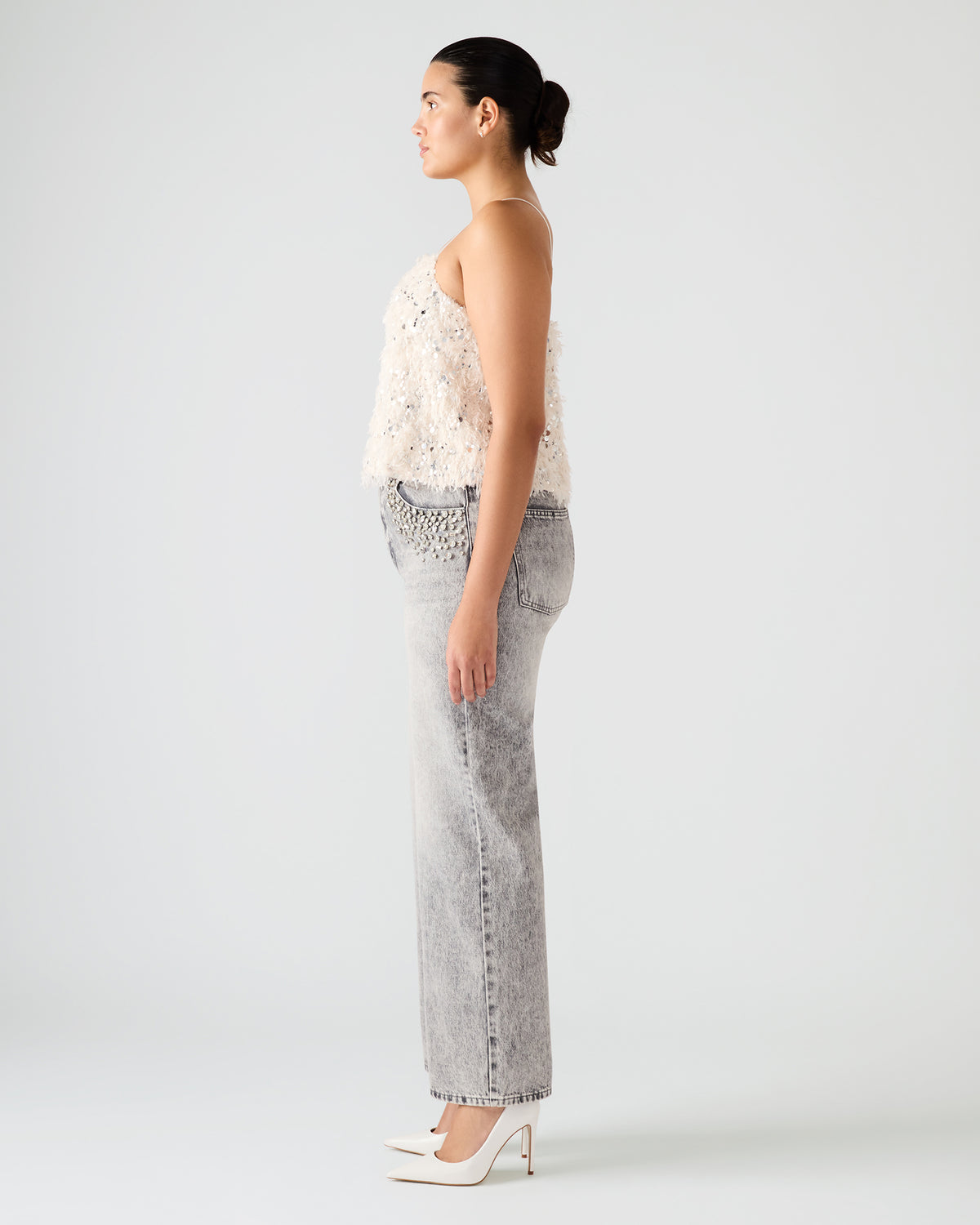 BLAKELYN Ivory Feather Sequin Embellished Women's Top | Steve Madden