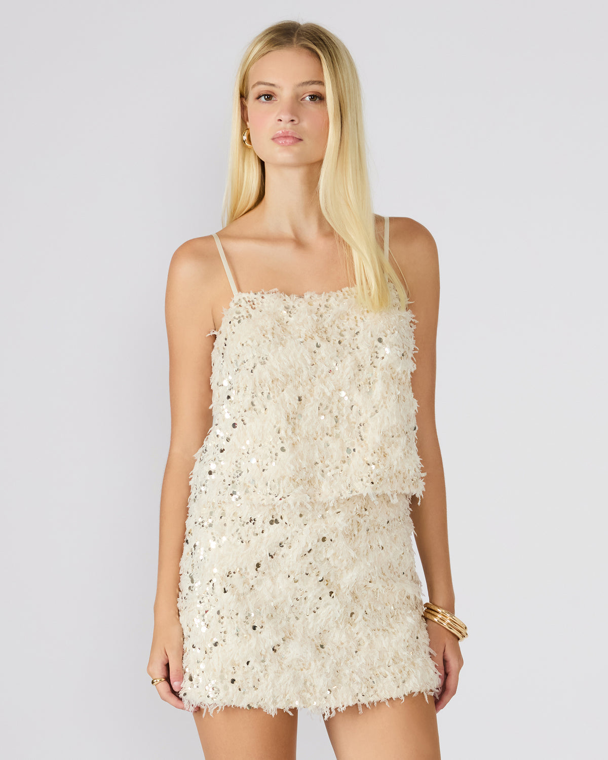 BLAKELYN Ivory Feather Sequin Embellished Women's Top | Steve Madden