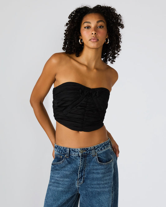 MARTINE Black Strapless Ruched Cropped Corset Women's Top | Steve Madden