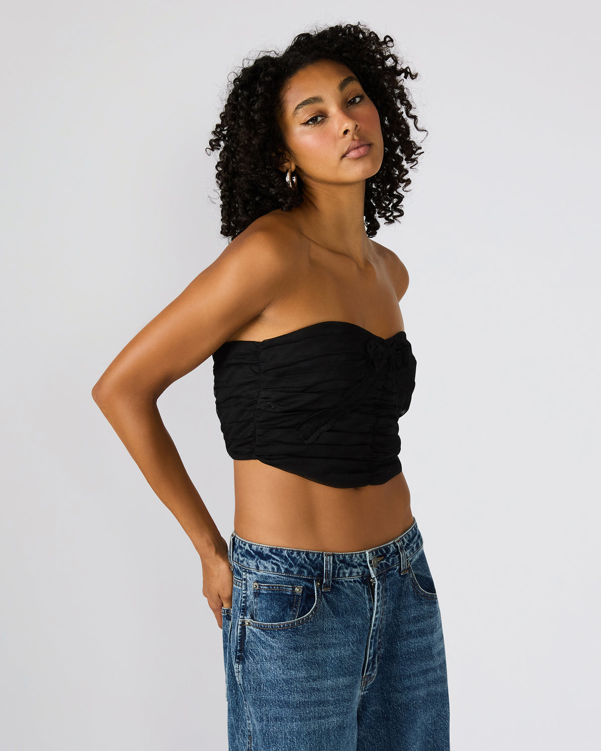 MARTINE Black Strapless Ruched Cropped Corset Women's Top | Steve Madden