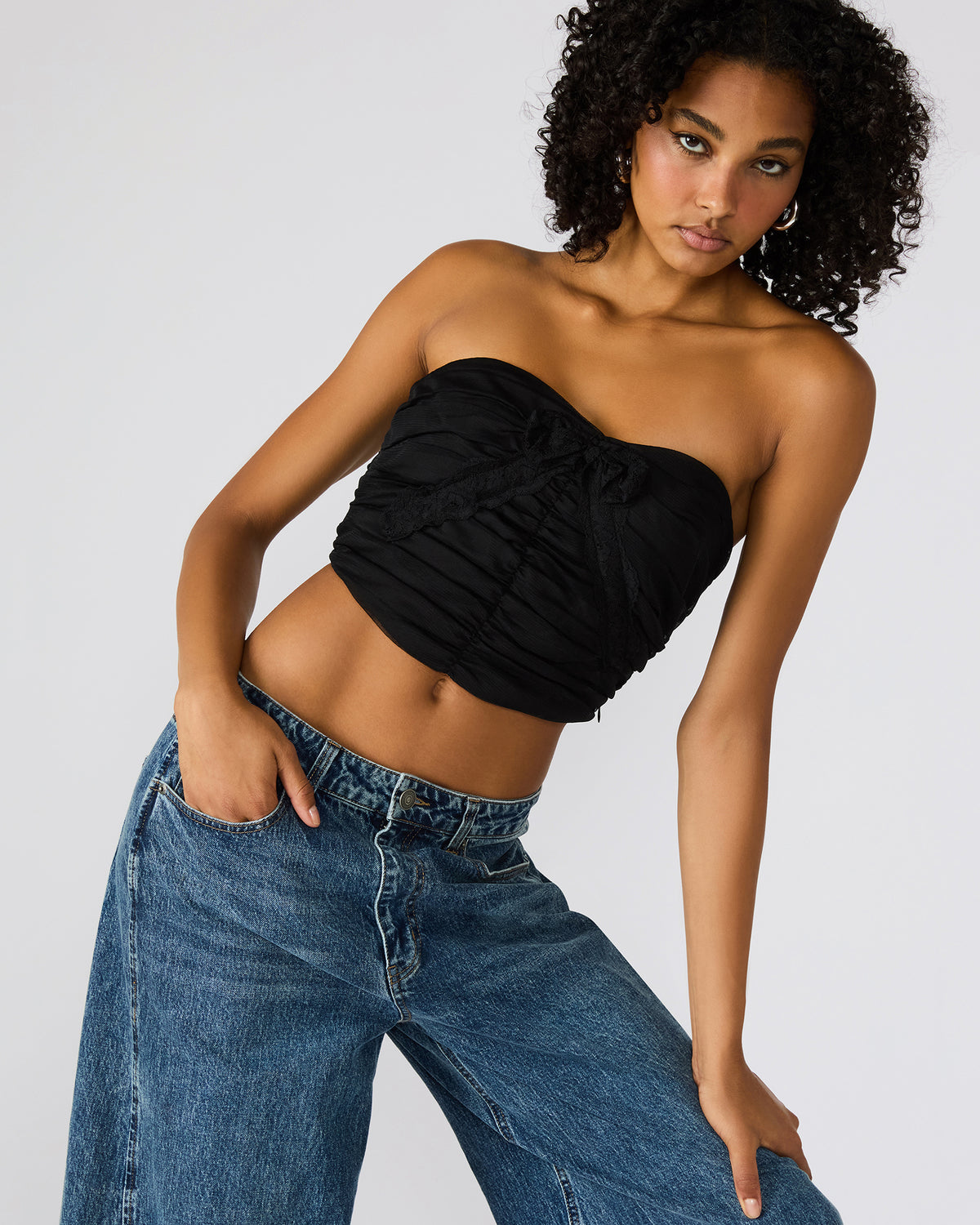 MARTINE Black Strapless Ruched Cropped Corset Women's Top | Steve Madden