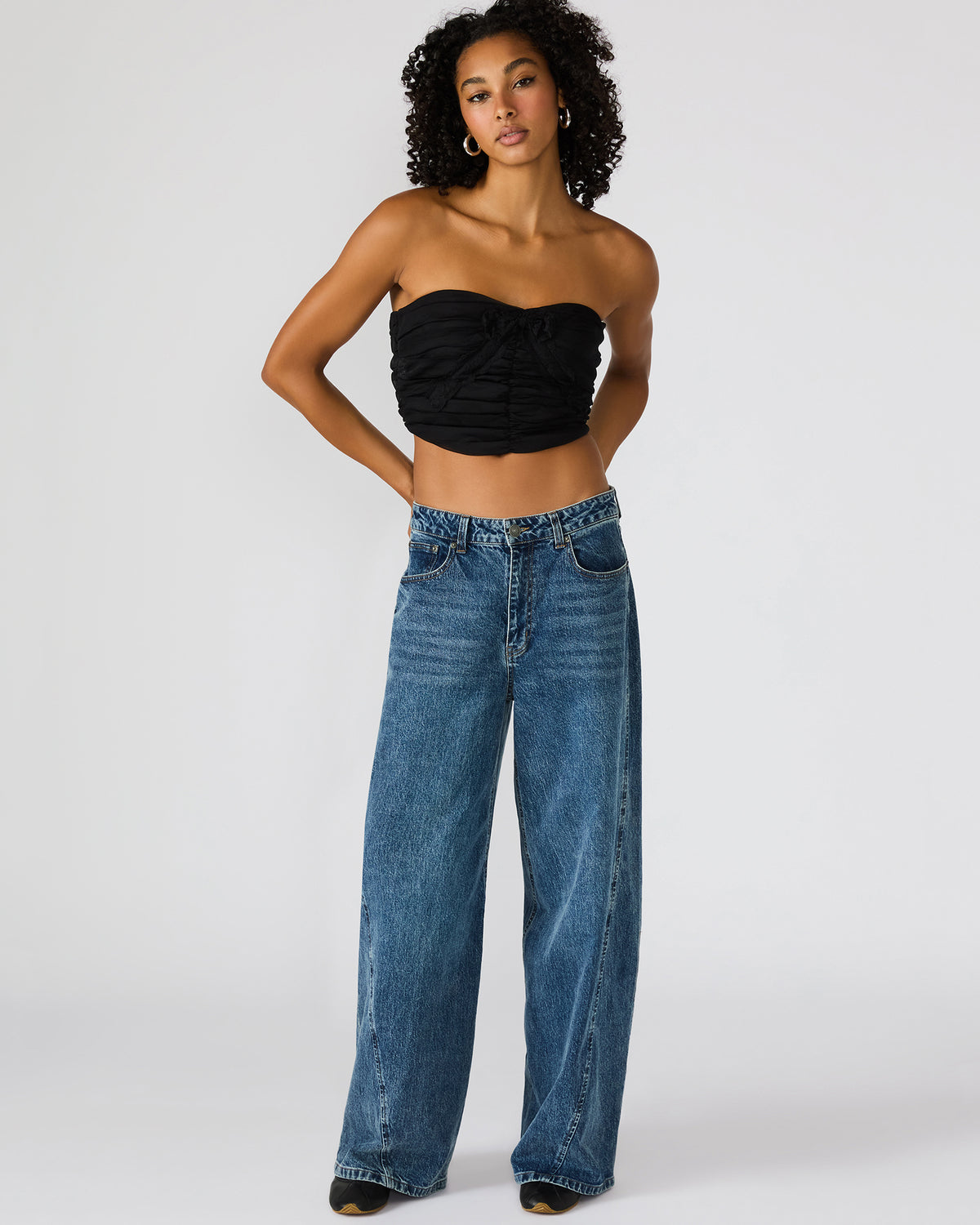 MARTINE Black Strapless Ruched Cropped Corset Women's Top | Steve Madden
