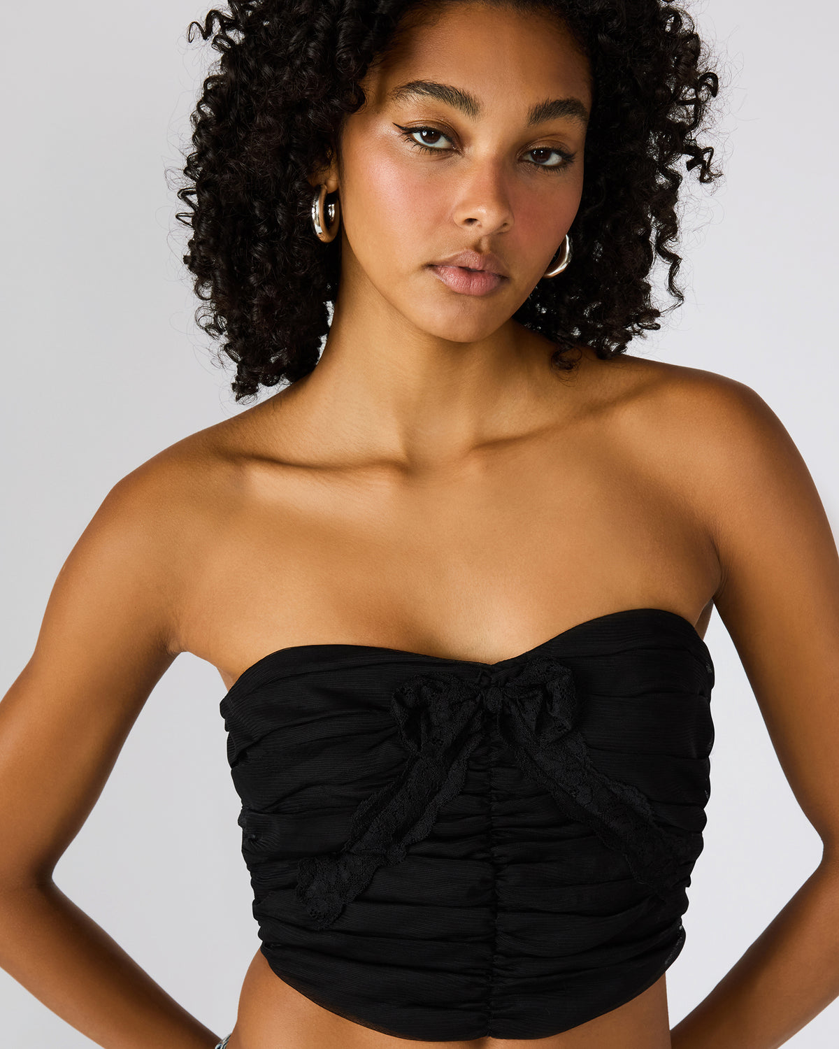 MARTINE Black Strapless Ruched Cropped Corset Women's Top | Steve Madden
