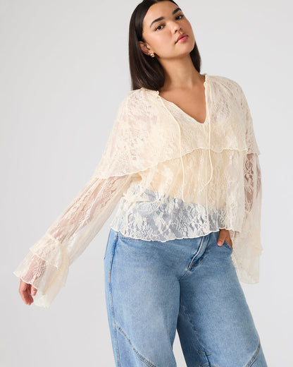 SAYLOR Cream Long-Sleeved Ruffle Mesh Lace Women's Top | Steve Madden
