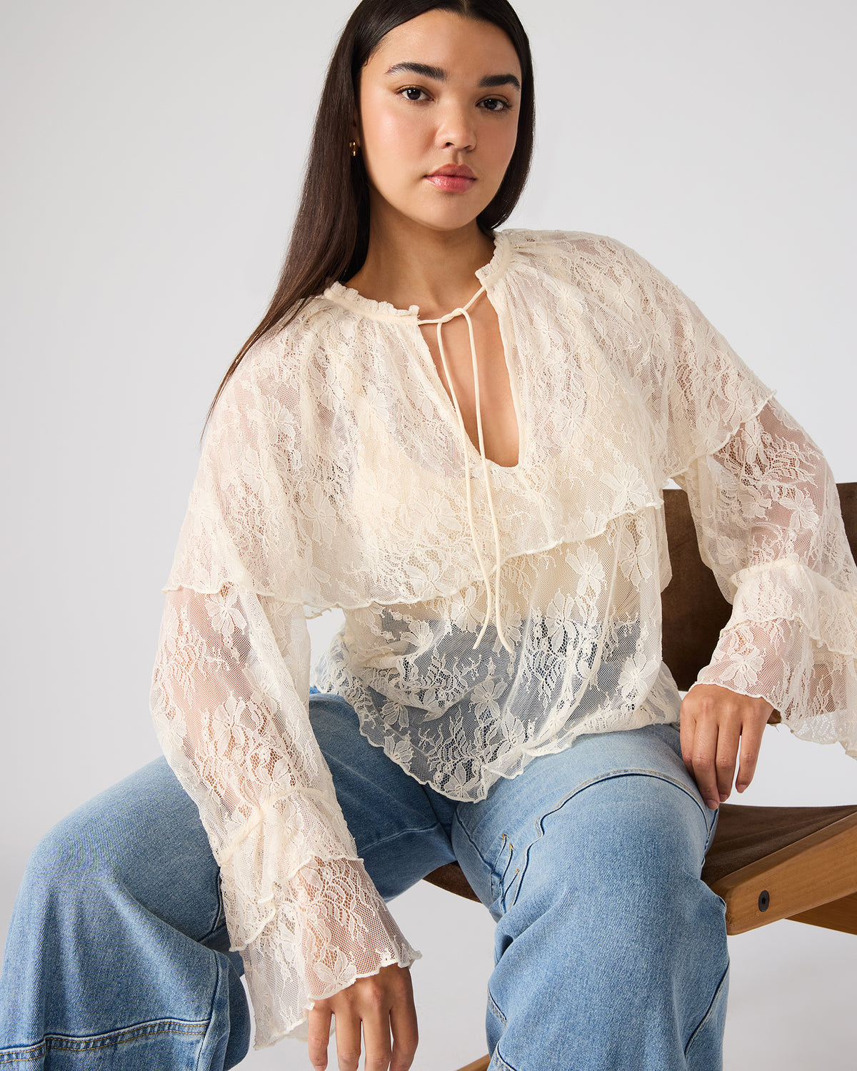 SAYLOR Cream Long-Sleeved Ruffle Mesh Lace Women's Top | Steve Madden