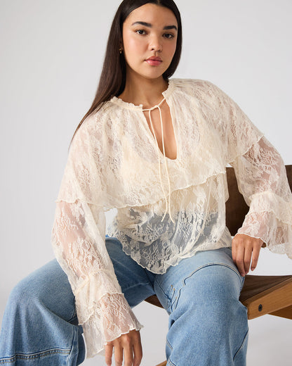 SAYLOR Cream Long-Sleeved Ruffle Mesh Lace Women's Top | Steve Madden