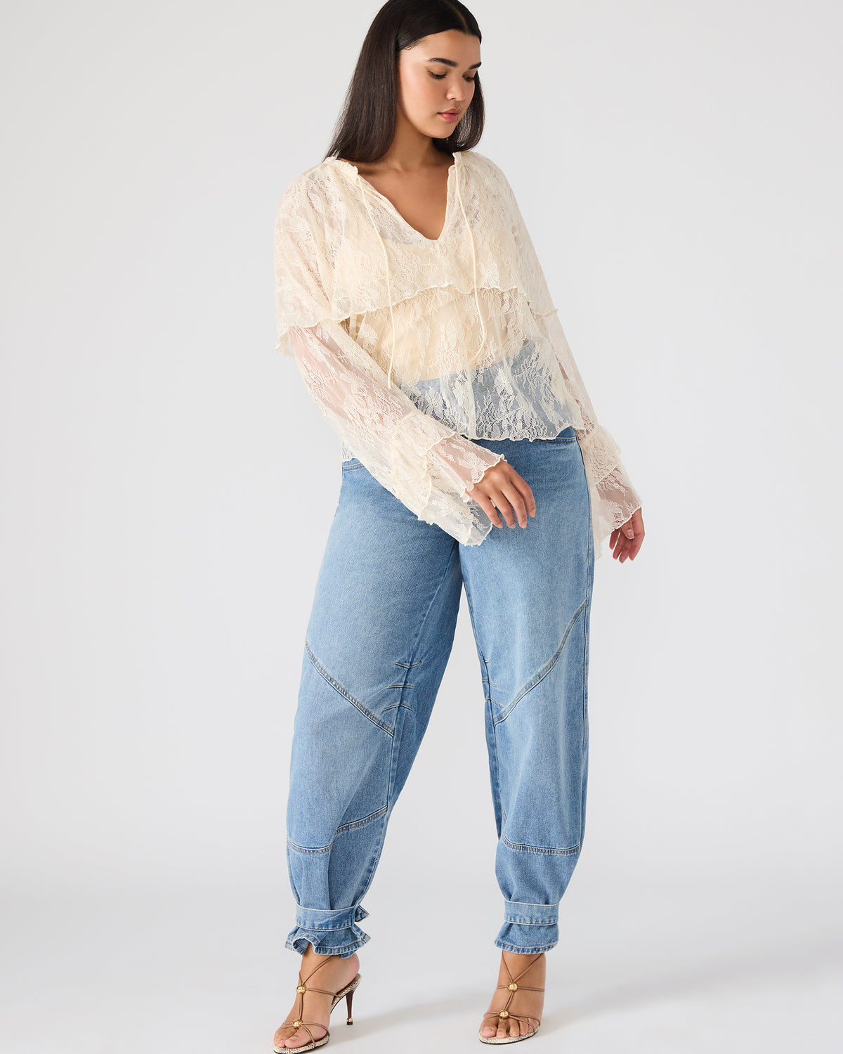 SAYLOR Cream Long-Sleeved Ruffle Mesh Lace Women's Top | Steve Madden