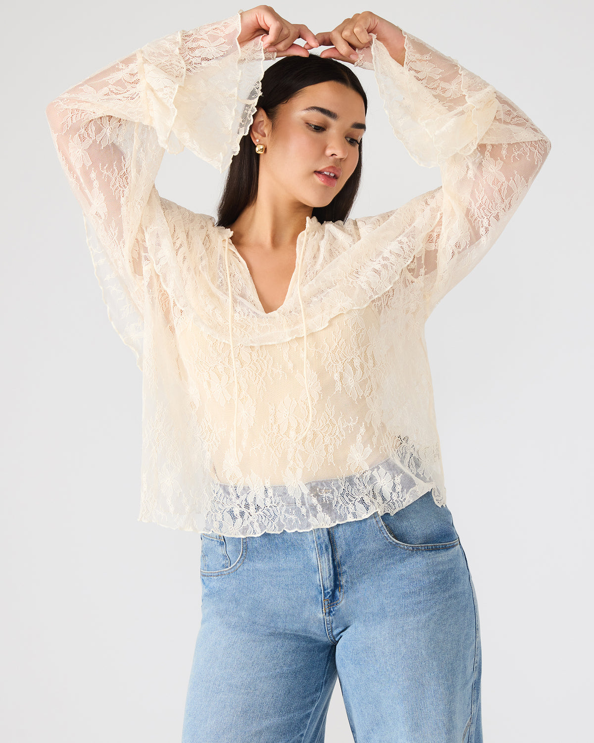SAYLOR Cream Long-Sleeved Ruffle Mesh Lace Women's Top | Steve Madden