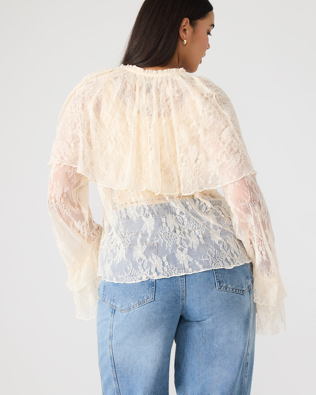 SAYLOR Cream Long-Sleeved Ruffle Mesh Lace Women's Top | Steve Madden