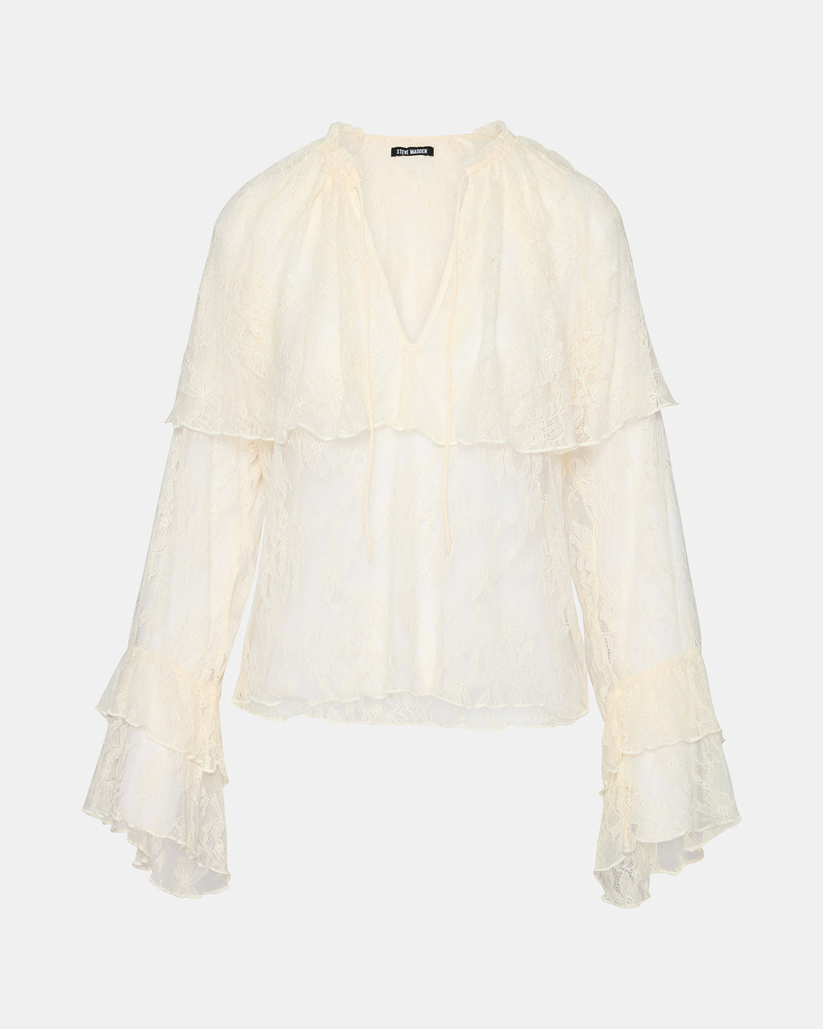 SAYLOR Cream Long-Sleeved Ruffle Mesh Lace Women's Top | Steve Madden