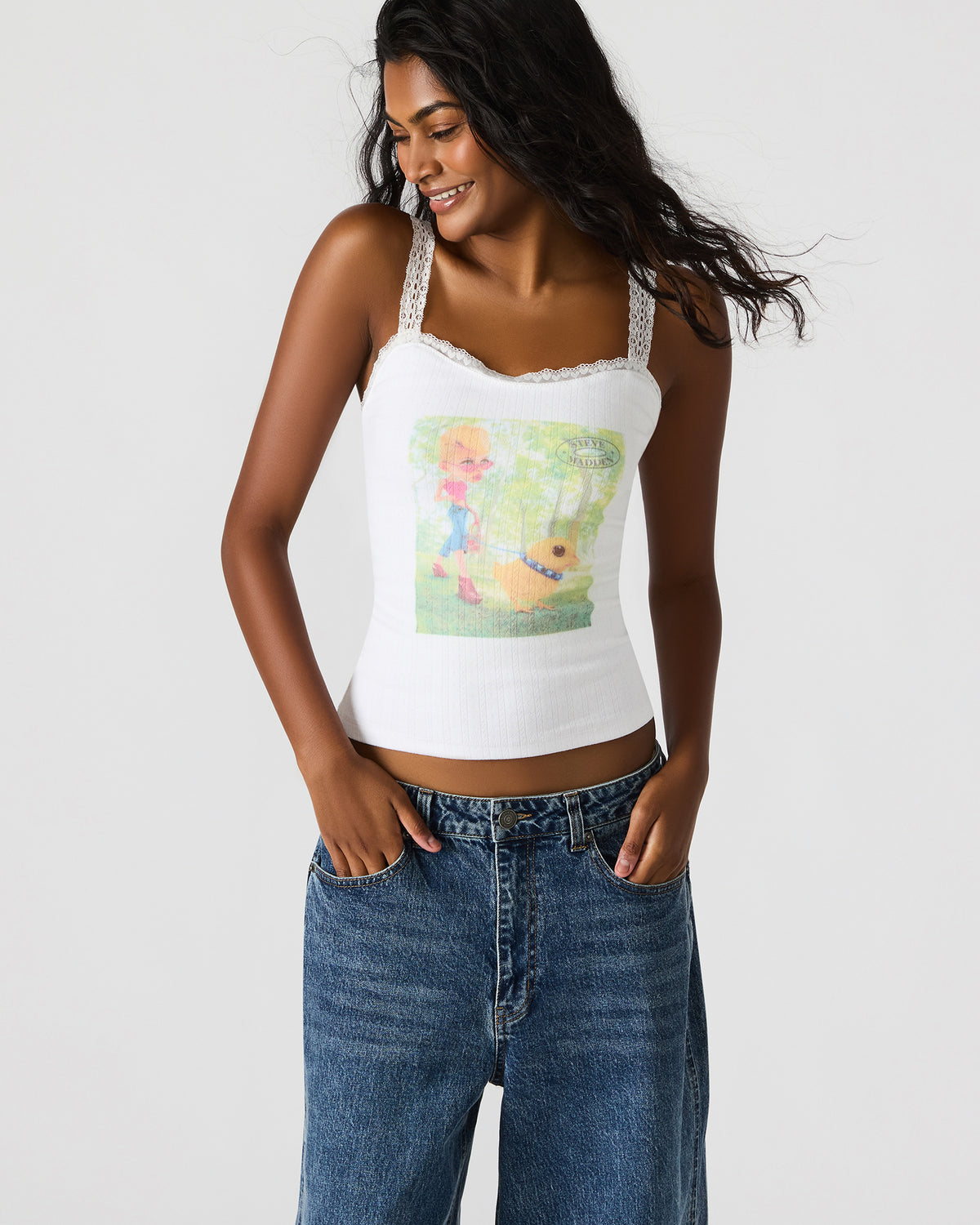 LOVE GOLDIE Antique Lace Trim Sleeveless Graphic Women's Tank Top | Steve Madden