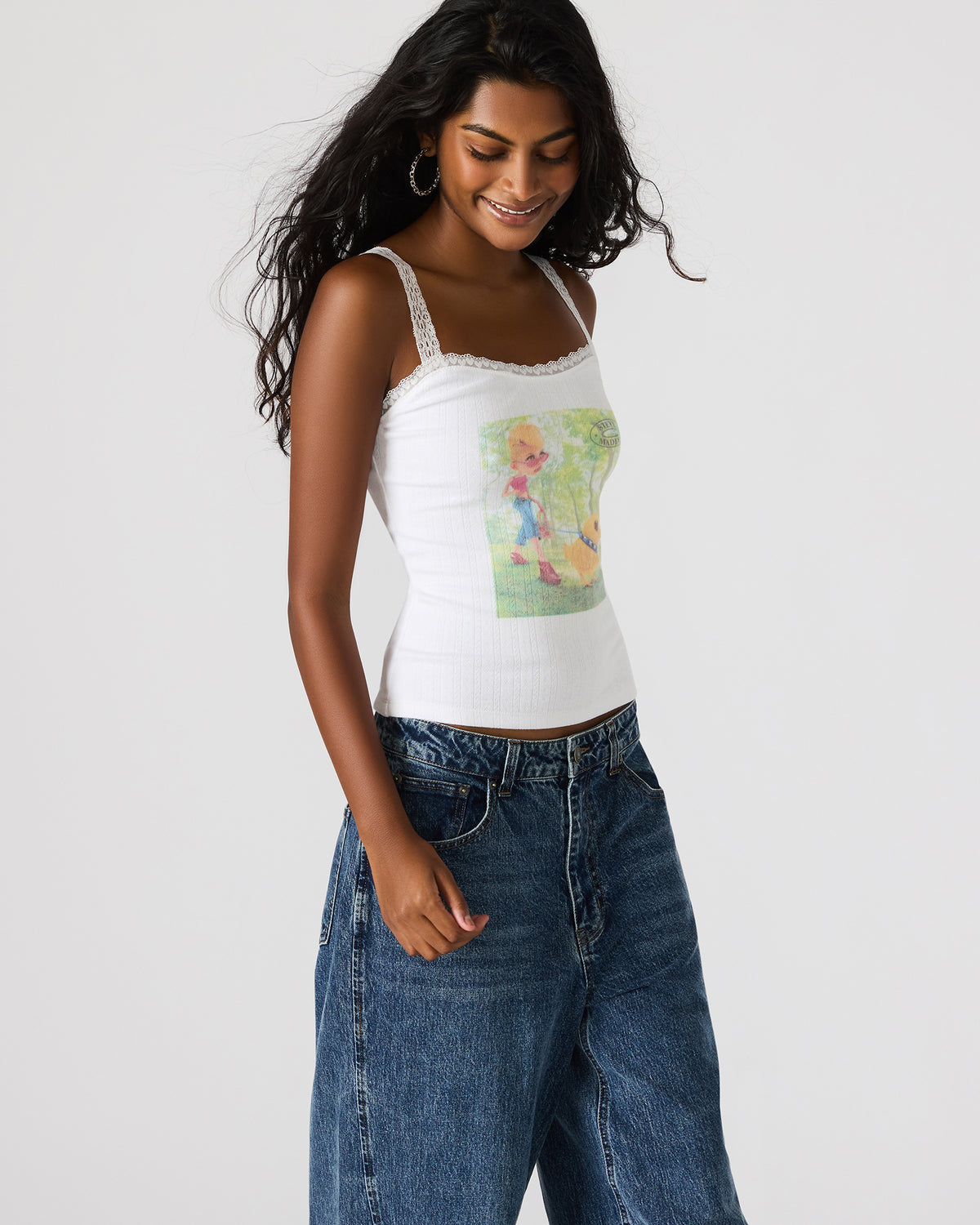 LOVE GOLDIE Antique Lace Trim Sleeveless Graphic Women's Tank Top | Steve Madden
