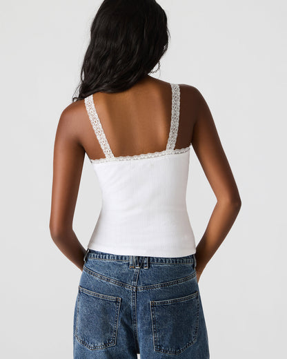 LOVE GOLDIE Antique Lace Trim Sleeveless Graphic Women's Tank Top | Steve Madden