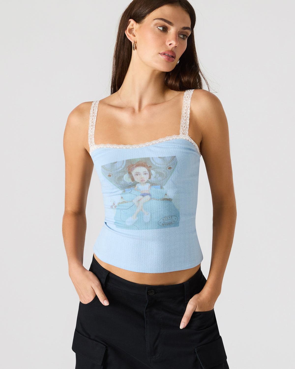 LOVE GOLDIE Surf Blue Lace Trim Sleeveless Graphic Women's Tank Top | Steve Madden