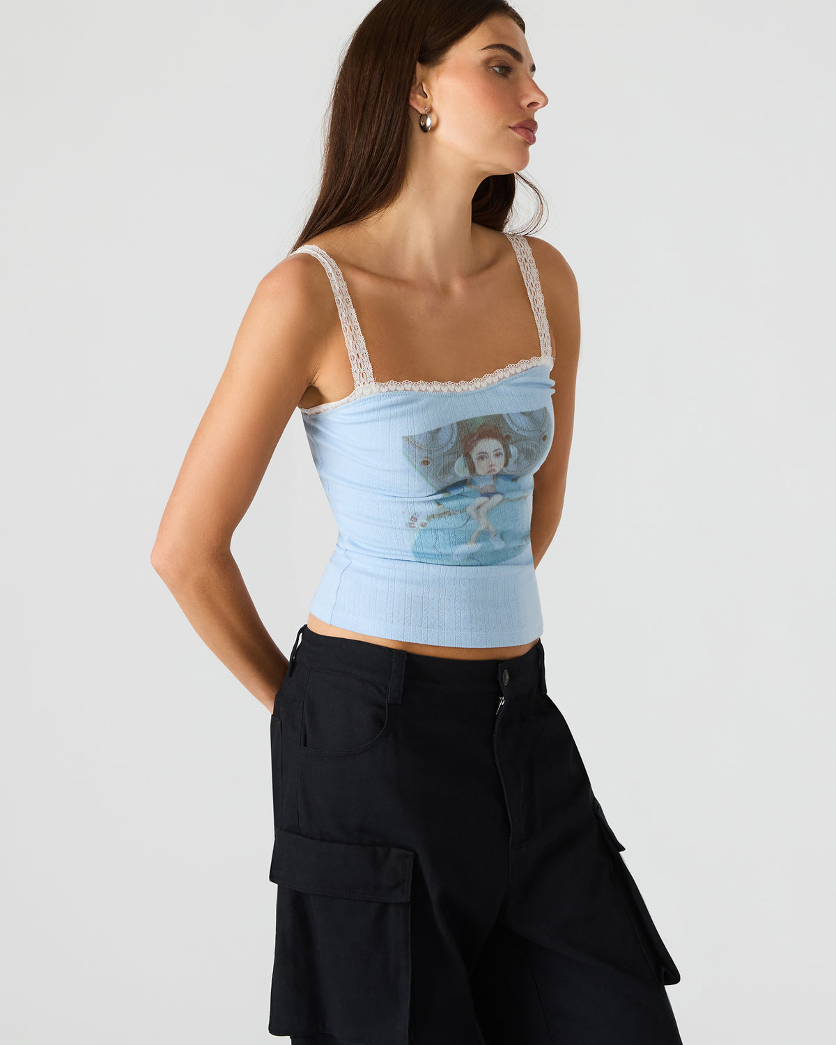 LOVE GOLDIE Surf Blue Lace Trim Sleeveless Graphic Women's Tank Top | Steve Madden
