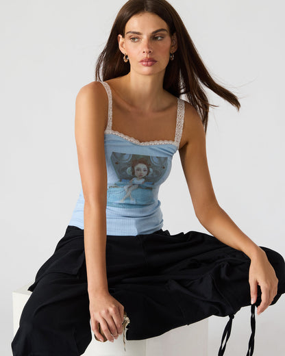 LOVE GOLDIE Surf Blue Lace Trim Sleeveless Graphic Women's Tank Top | Steve Madden