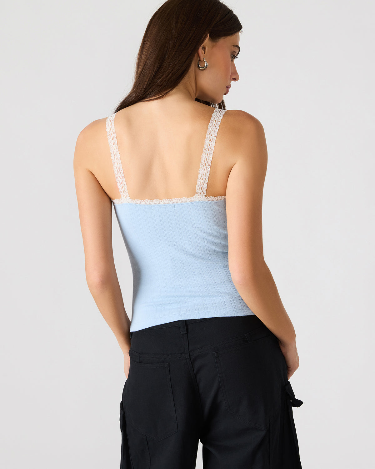 LOVE GOLDIE Surf Blue Lace Trim Sleeveless Graphic Women's Tank Top | Steve Madden