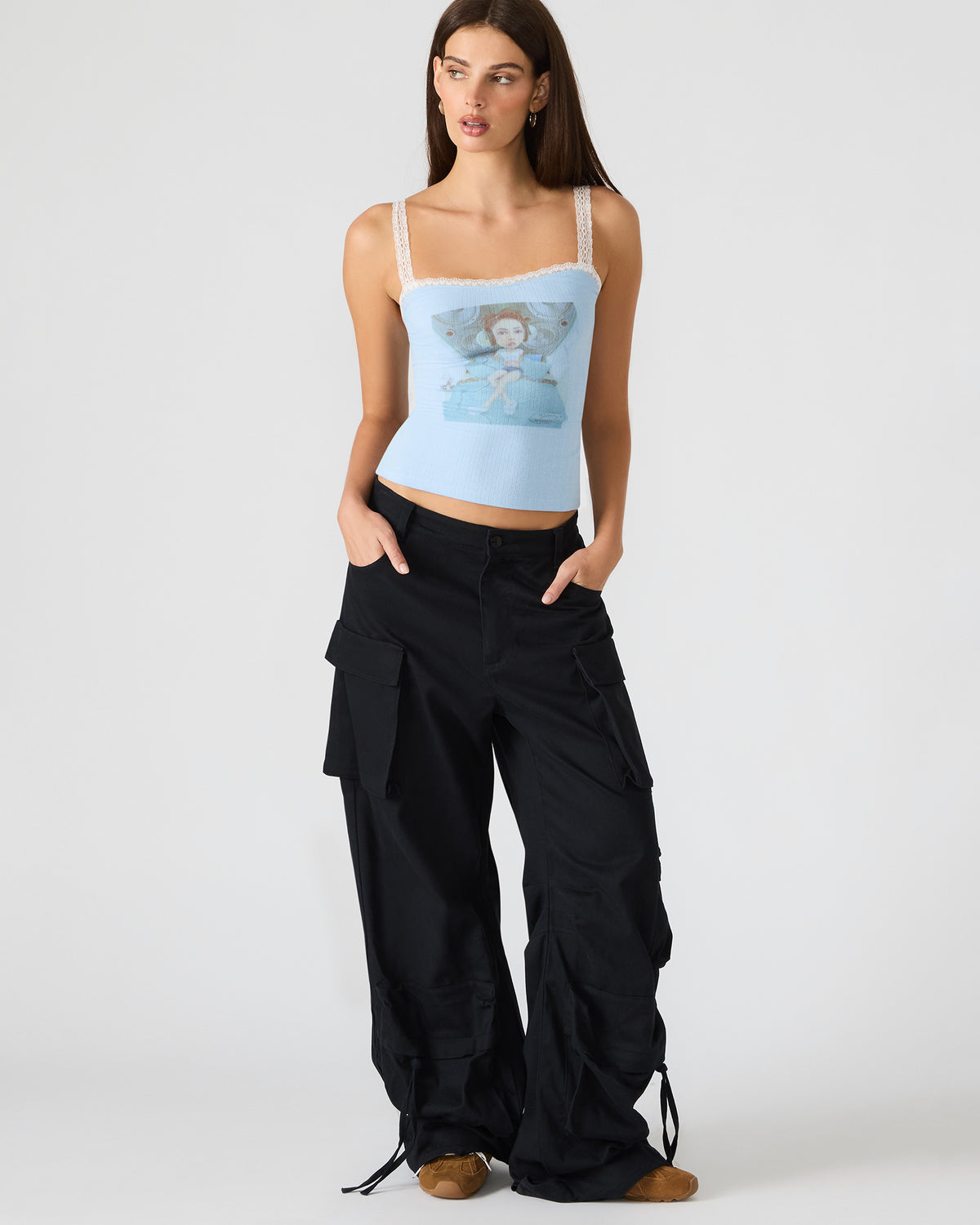 LOVE GOLDIE Surf Blue Lace Trim Sleeveless Graphic Women's Tank Top | Steve Madden