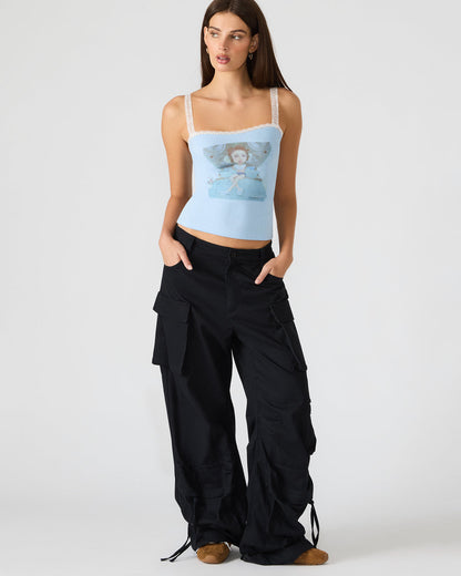LOVE GOLDIE Surf Blue Lace Trim Sleeveless Graphic Women's Tank Top | Steve Madden