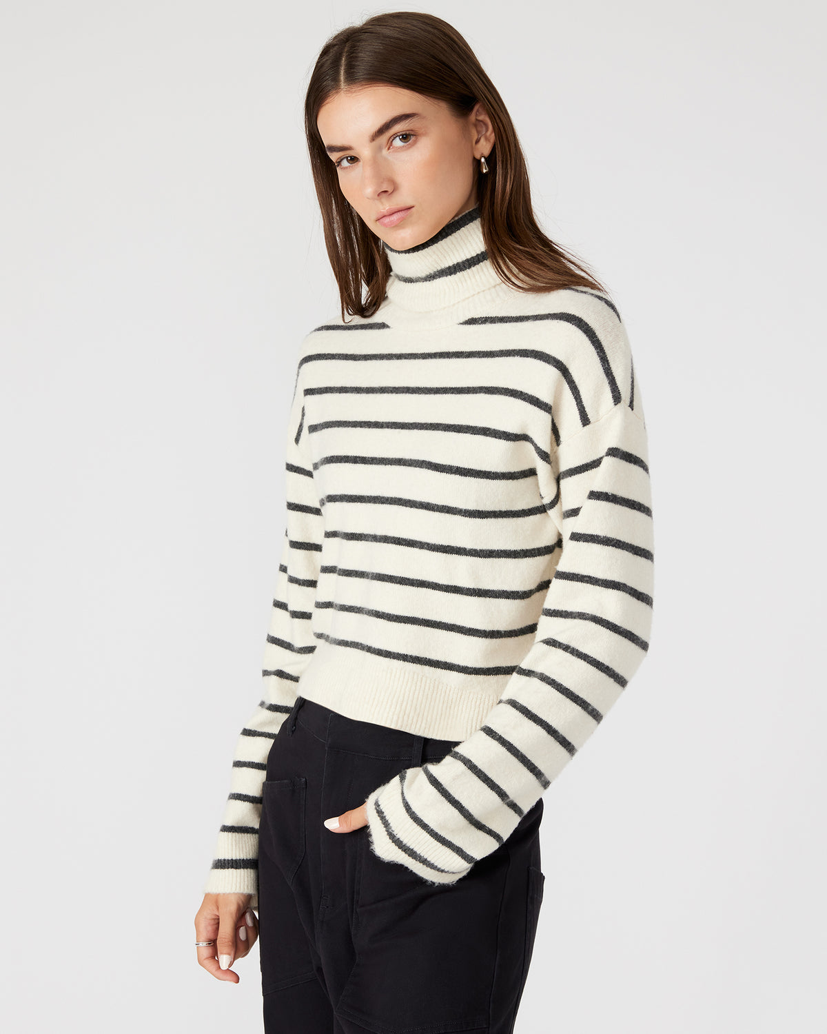 NARSHA Black/White Women's Turtleneck Stripe Sweater | Steve Madden