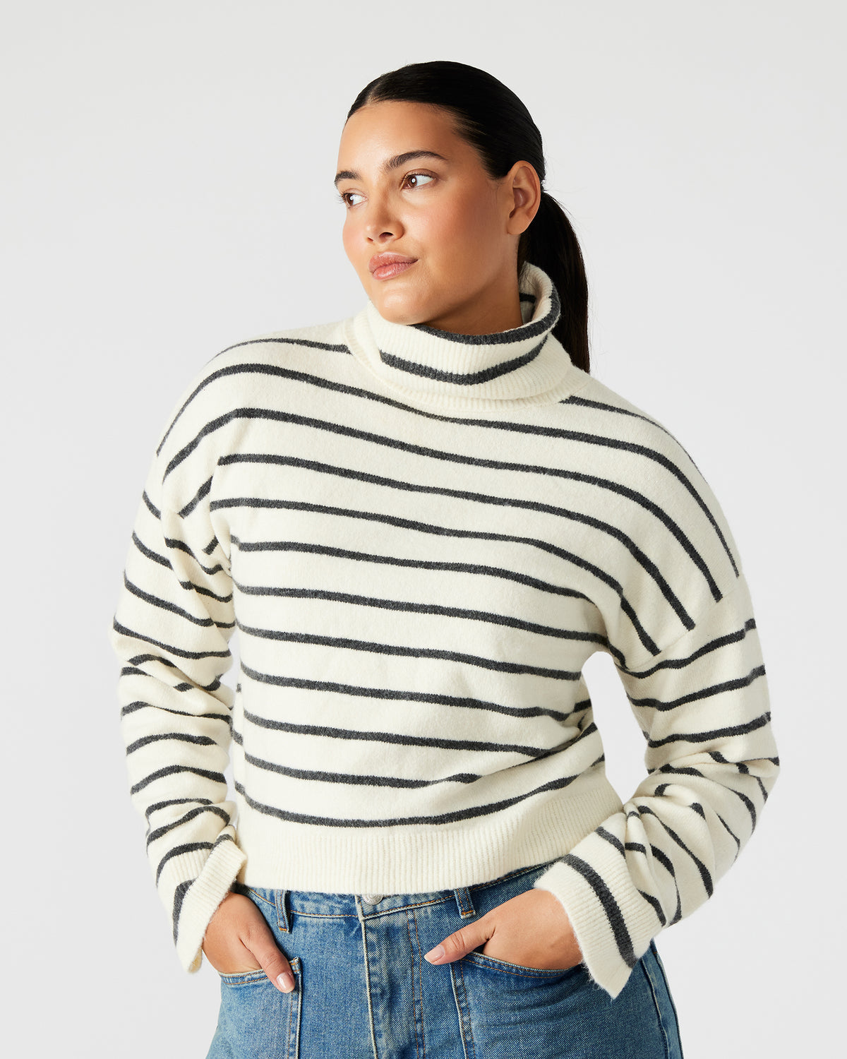 NARSHA Black/White Women's Turtleneck Stripe Sweater | Steve Madden