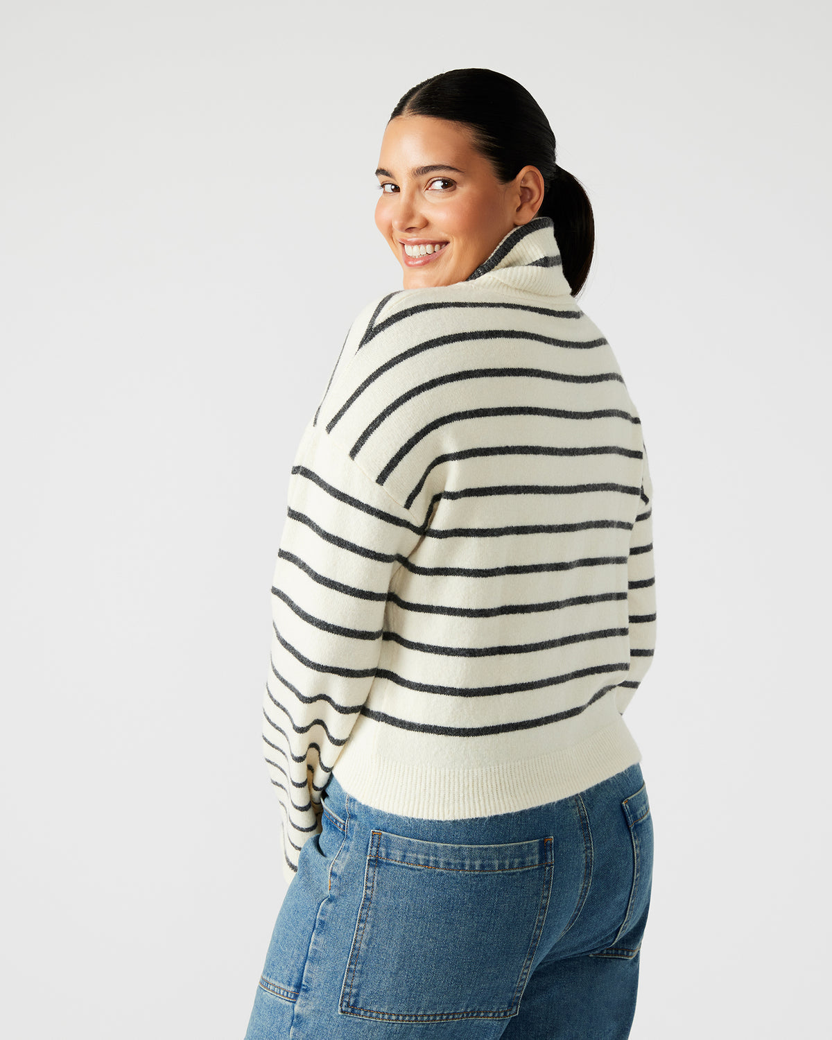 NARSHA Black/White Women's Turtleneck Stripe Sweater | Steve Madden