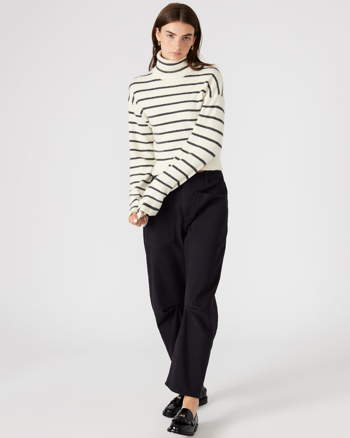 NARSHA Black/White Women's Turtleneck Stripe Sweater | Steve Madden