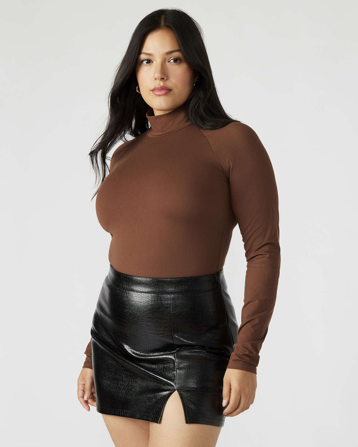 NELLE Bodysuit Brown | Women's Mock Neck Stretch Bodysuit | Steve Madden