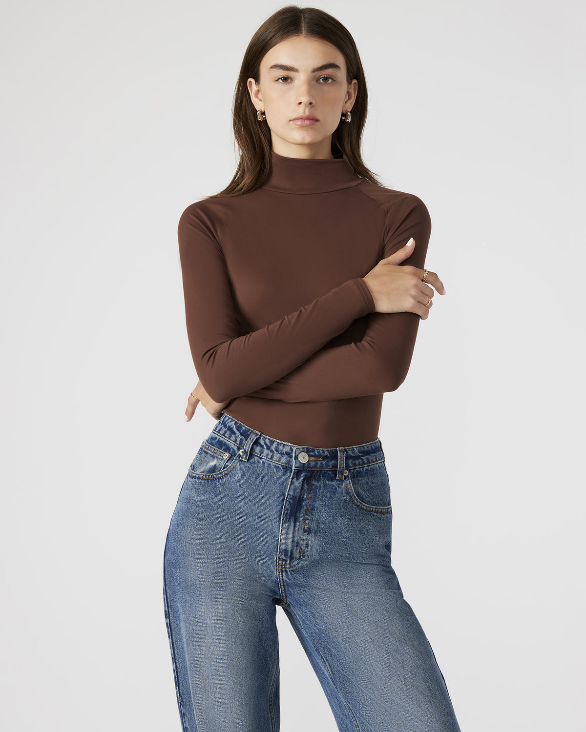 NELLE Bodysuit Brown | Women's Mock Neck Stretch Bodysuit | Steve Madden
