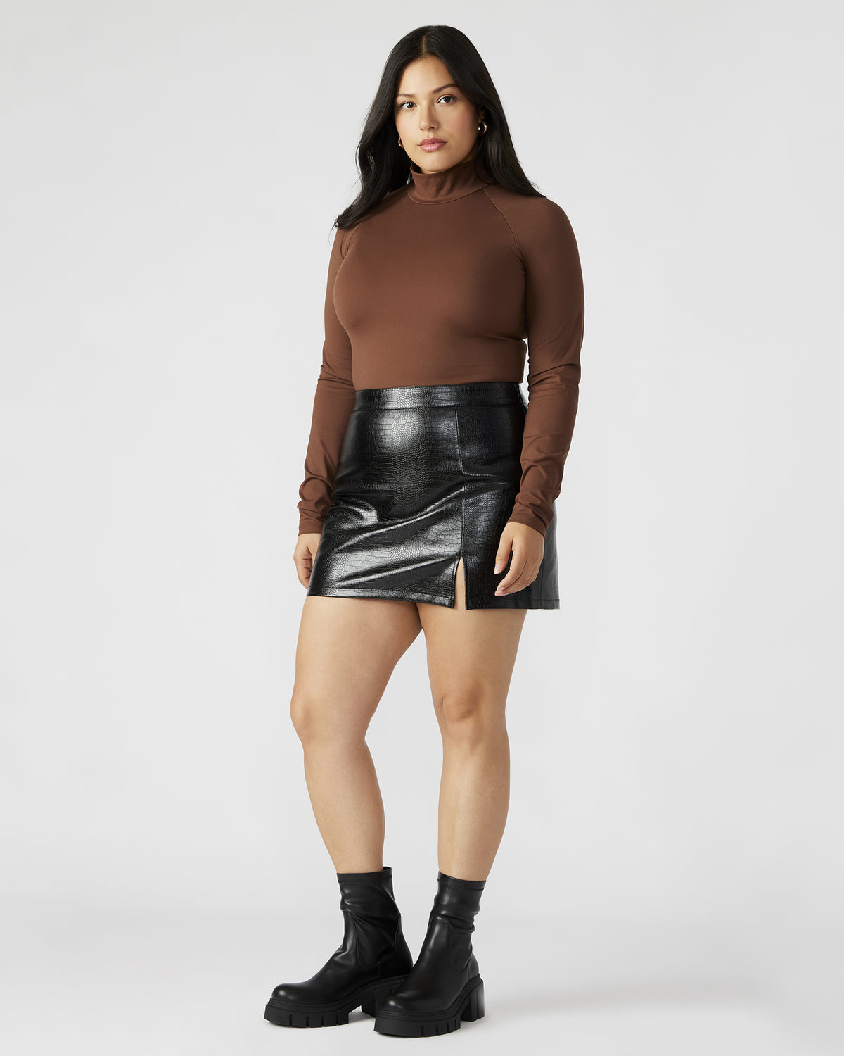 NELLE Bodysuit Brown | Women's Mock Neck Stretch Bodysuit | Steve Madden