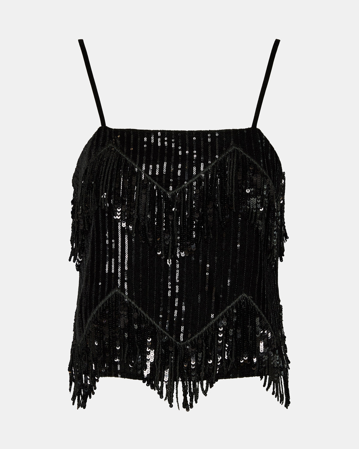 BLAKELYN Sequin Black Fringe Embellished Women's Top | Steve Madden