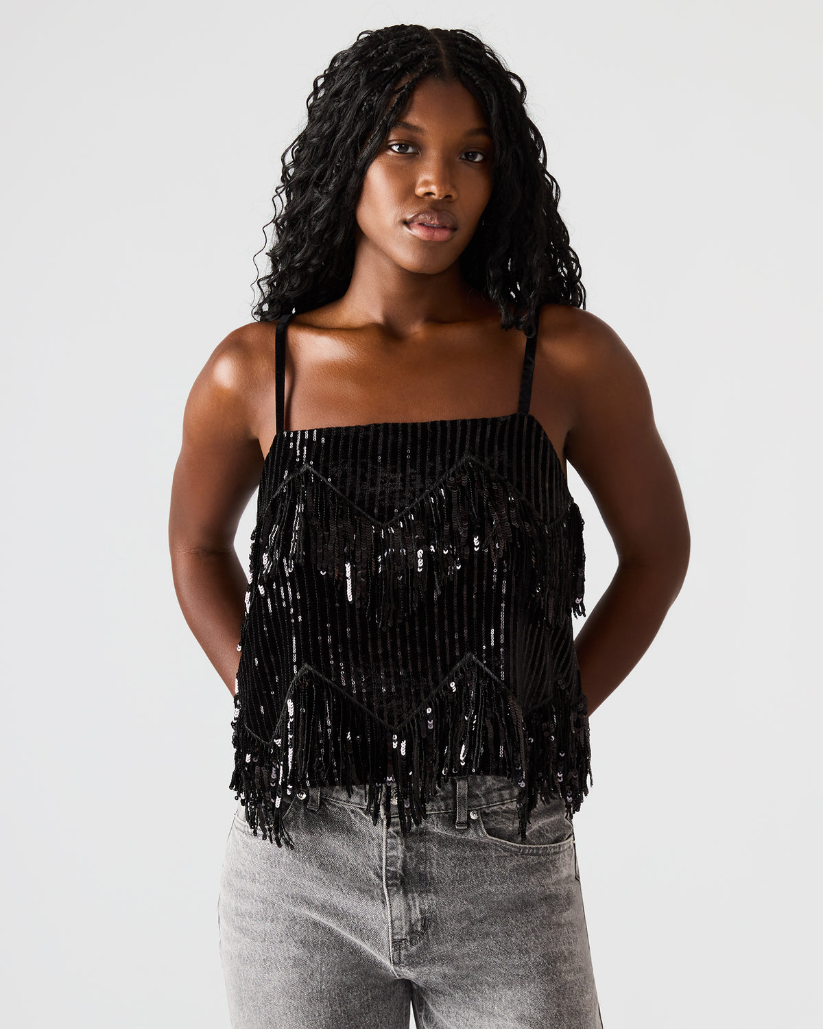 BLAKELYN Sequin Black Fringe Embellished Women's Top | Steve Madden