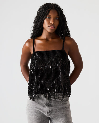 BLAKELYN Sequin Black Fringe Embellished Women's Top | Steve Madden