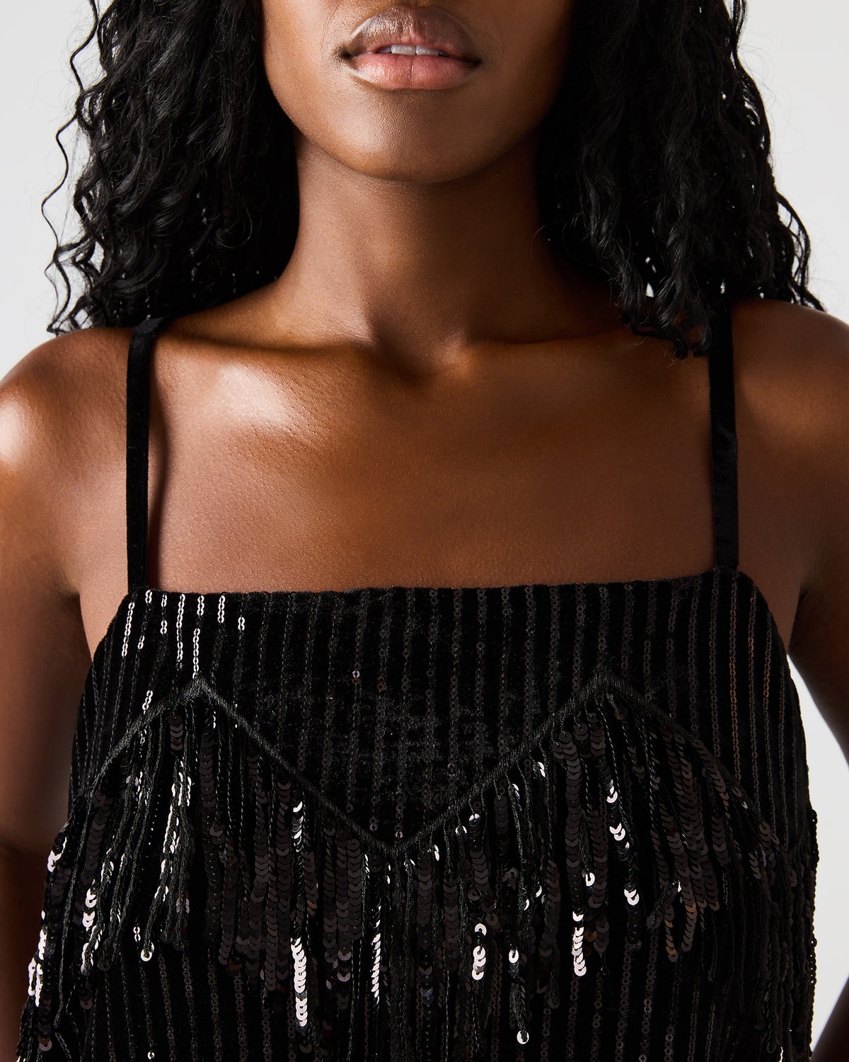 BLAKELYN Sequin Black Fringe Embellished Women's Top | Steve Madden