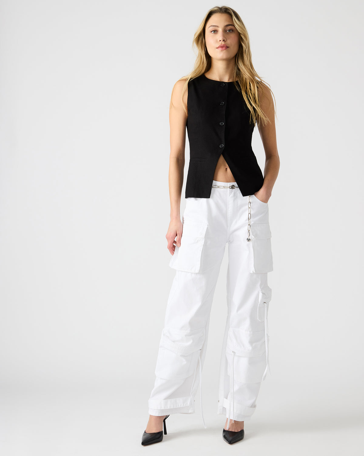 WESLEY Top Black Button-Up Vest Top | Steve Madden