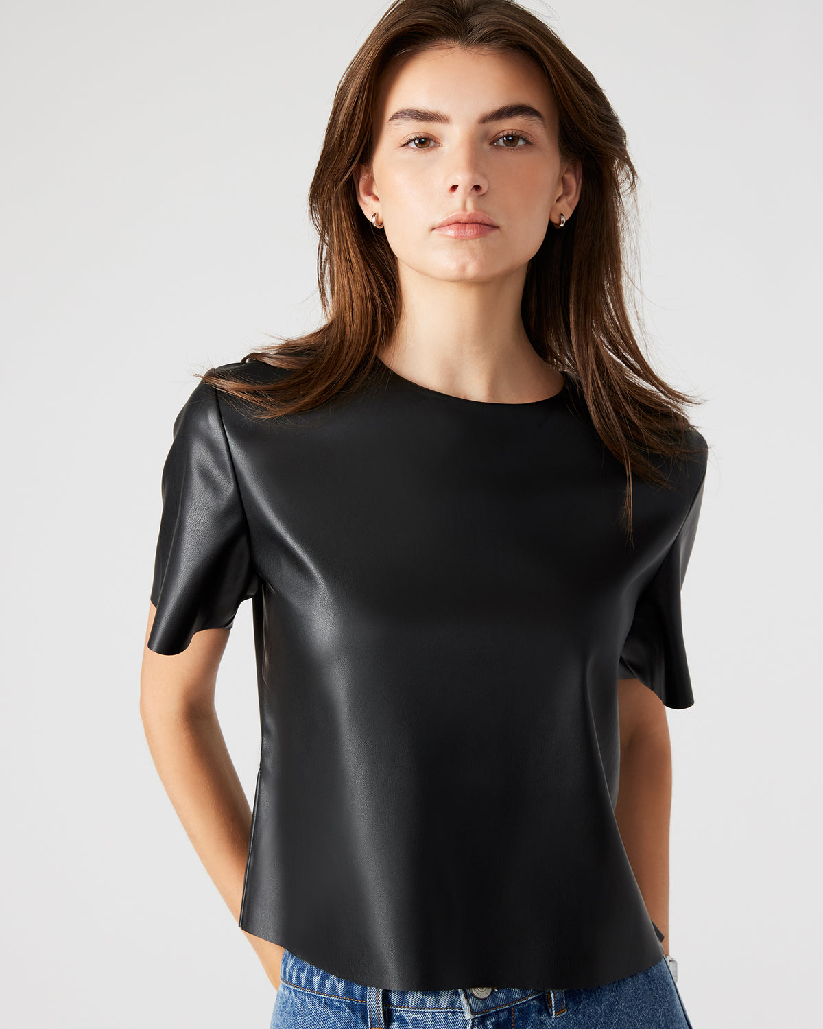 EZRA Black Women's Short Sleeve Faux Leather Top | Steve Madden