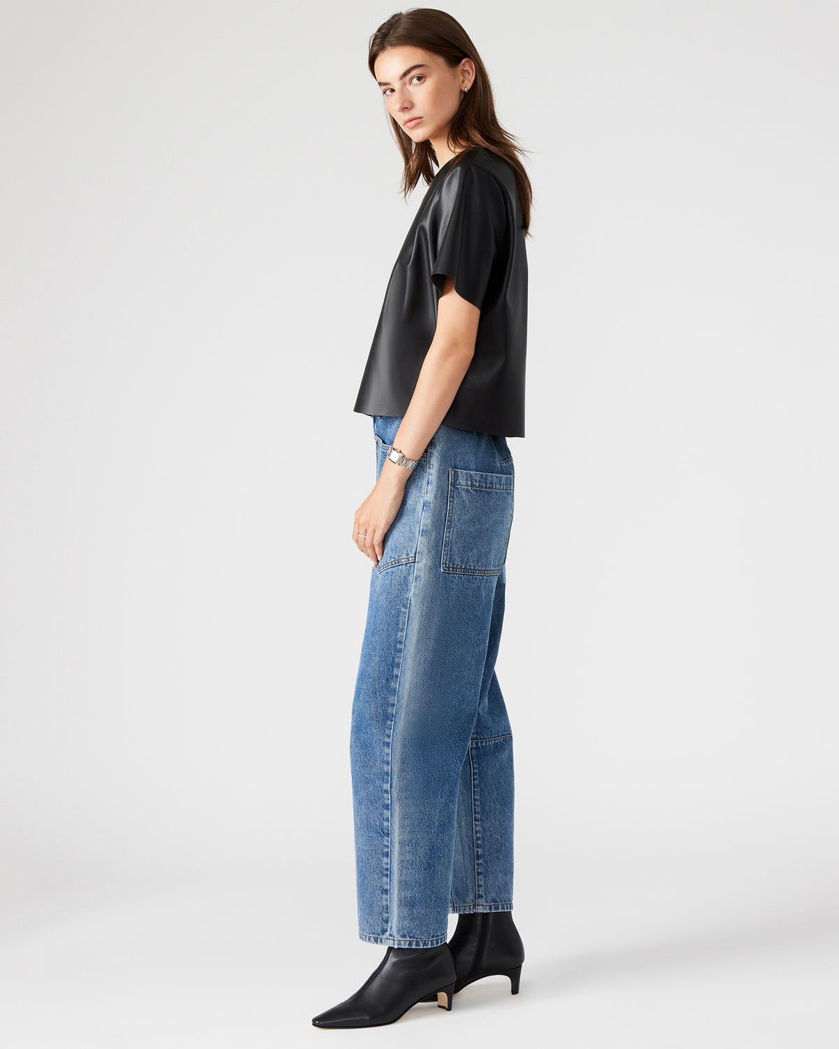 EZRA Black Women's Short Sleeve Faux Leather Top | Steve Madden